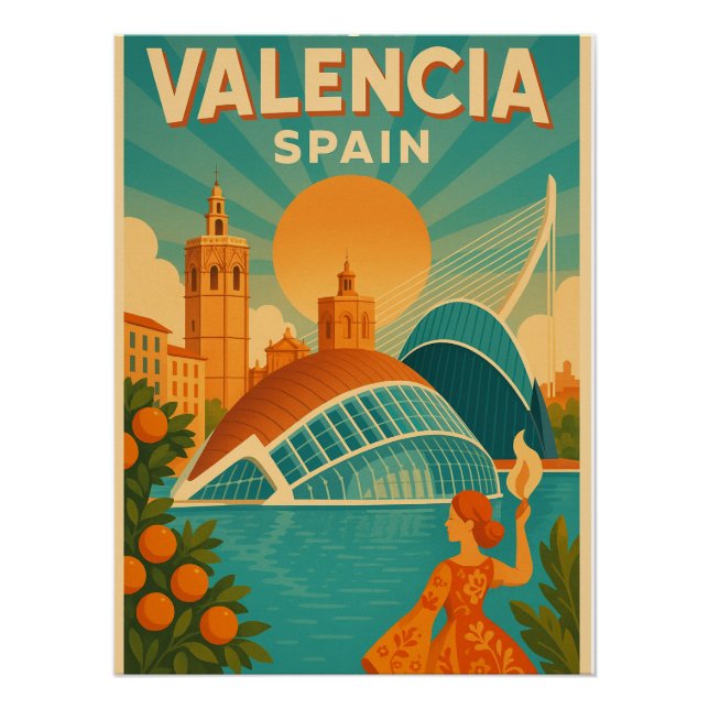 Póster Visita Valencia, España - Viaje Retro 2025 (Anverso)