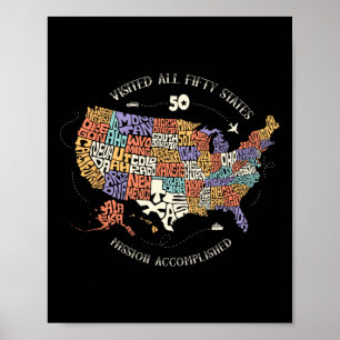Póster Visitó El Mapa De Los 50 Estados De Ee.Uu.