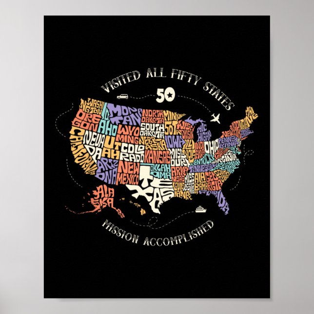 Póster Visitó El Mapa De Los 50 Estados De Ee.Uu. (Frente)