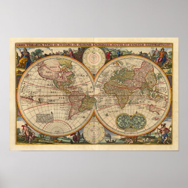 Póster Visscher Nicolaas World Map 1670 Reproduction (Frente)