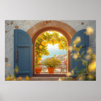 Póster vista a la ventana mediterránea y balcón de limón