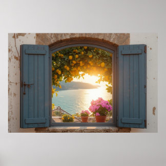 Póster vista a la ventana mediterránea y balcón de limón