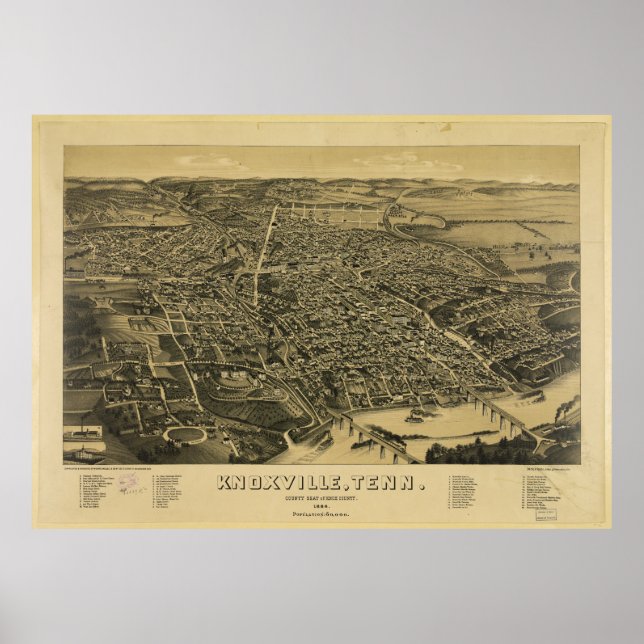 Póster Vista aérea de Knoxville Tennessee desde 1886 (Frente)