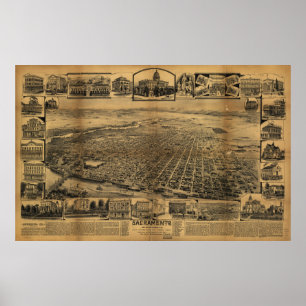 Póster Vista aérea de Sacramento, California (circa 1890)
