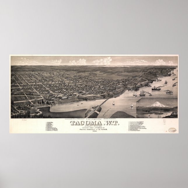 Póster Vista aérea de Tacoma, Washington (1884) (Frente)