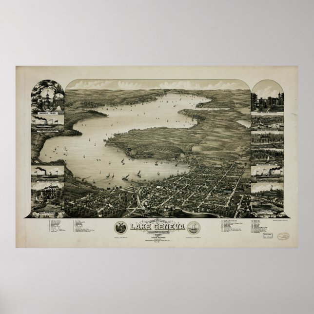 Póster Vista aérea del lago Lemán, Wisconsin (1882) (Frente)