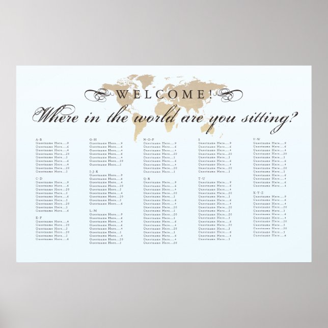 Póster Vista antigua en la tabla de asientos del mundo (Frente)