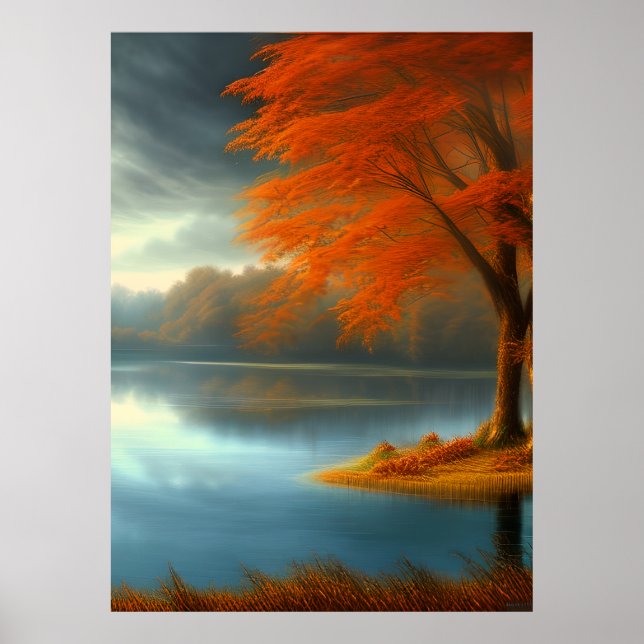 Póster Vista clásica de otoño de un lago arbolado (Frente)