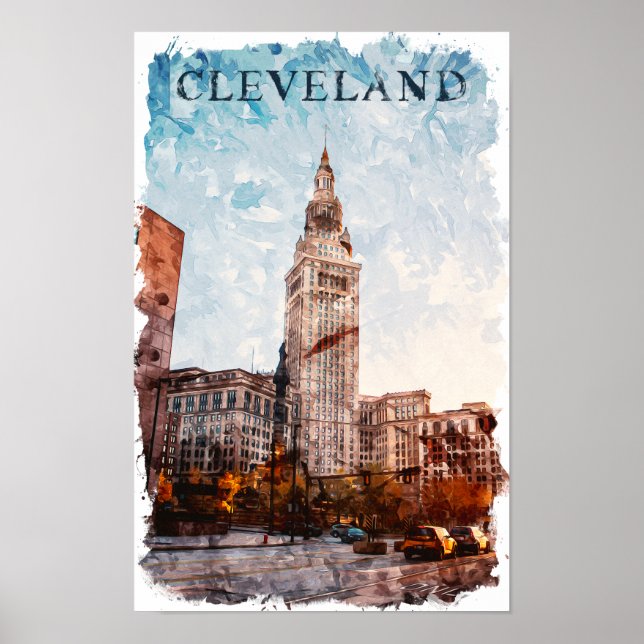 Póster Vista Cleveland Ohio Watercolor City (Frente)