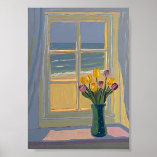 Póster Vista costera soleada por ventana pintura al óleo