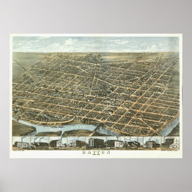 Póster Vista Dayton Ohio de 1870 (Frente)