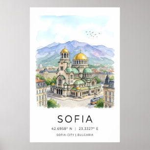 Póster Vista de acuarela tranquila de la ciudad de Sofía 