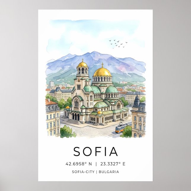 Póster Vista de acuarela tranquila de la ciudad de Sofía  (Frente)