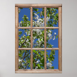 Póster Vista de árbol de flores desde una ventana