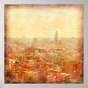 Póster Vista de Barcelona en estilo grunge y retro.