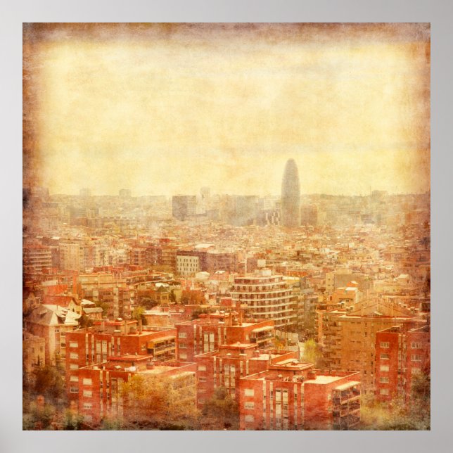 Póster Vista de Barcelona en estilo grunge y retro. (Frente)