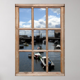 Póster Vista de barcos pesqueros desde una ventana