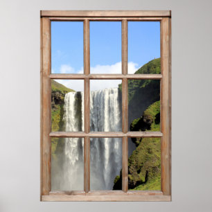 Póster Vista de cascada desde una ventana