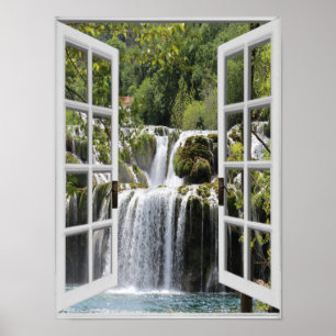 Póster Vista de cascada Trompe l'oeil Ventana falsa