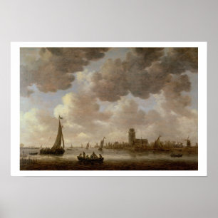 Póster Vista de Dordrecht rio abajo del Grote Kerk,