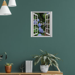 Póster Vista de jardín de hortensias Ventana falsa