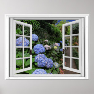 Póster Vista de jardín de hortensias Ventana falsa