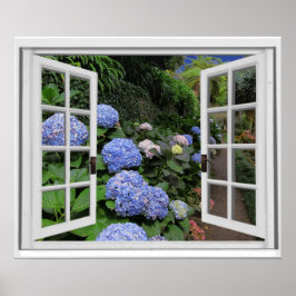 Póster Vista de jardín de hortensias Ventana falsa