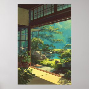 Póster Vista de jardín japonés tranquilo - Verde Brillant