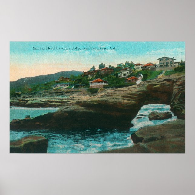 Póster Vista de la Cave de Cabeza EsfingeLa Jolla, CA (Frente)