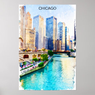 Póster Vista de la ciudad de Chicago Illinois en acuarela