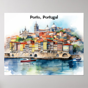 Póster Vista de la ciudad de Porto Portugal en acuarela c