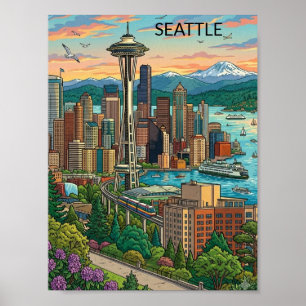 Póster Vista de la ciudad de Seattle, Washington, de viaj