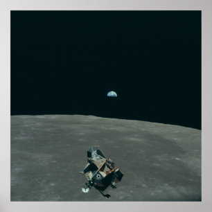 Póster Vista de la lander lunar con la Luna y la Tierra