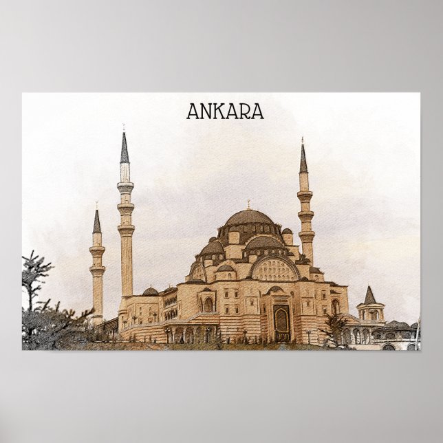 Póster Vista de la Mezquita de Kocatepe de Ankara Turquía (Frente)
