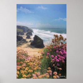 Póster Vista de la playa con flores en lo alto del acanti