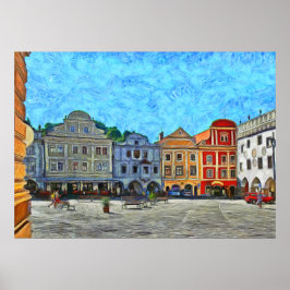 Póster Vista de la plaza del pueblo en Krumlov.
