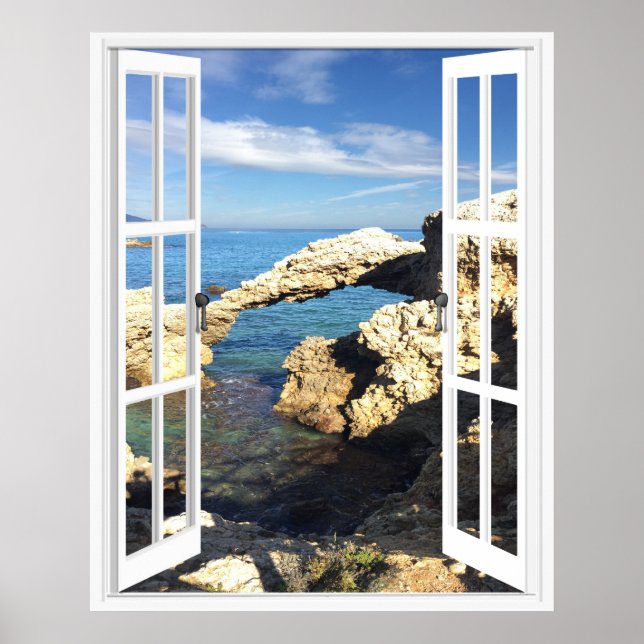 Póster Vista de la ventana de Faux de la costa mediterrán (Frente)