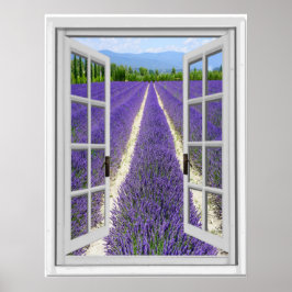 Póster Vista de la ventana falsa de campo de lavanda
