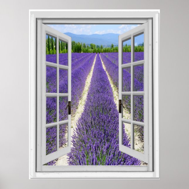 Póster Vista de la ventana falsa de campo de lavanda (Frente)