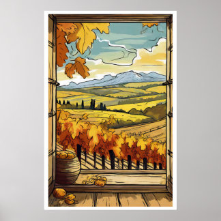 Póster Vista de la ventana otoño/otoño del Poster del viñ