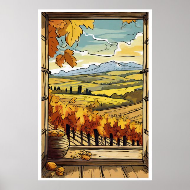 Póster Vista de la ventana otoño/otoño del Poster del viñ (Frente)