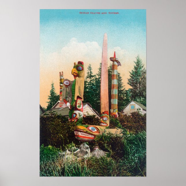 Póster Vista de las tumbas y los Totempoles indios (Frente)