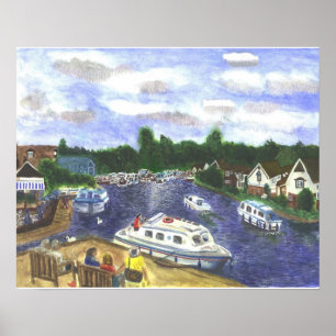 Póster Vista de los Broads de Norfolk del puente Wroxham