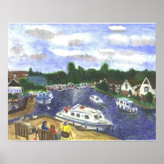 Póster Vista de los Broads de Norfolk del puente Wroxham