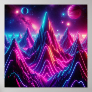 Póster Vista de Montaña Cósmica de Neón para Regreso a Cl