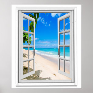 Póster Vista de océano de playa tropical Ventana falsa