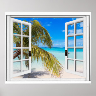 Póster Vista de playa de la ventana de la ventana de la p