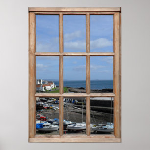 Póster Vista de puerto pesquero desde una ventana