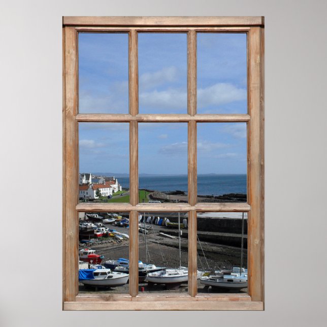 Póster Vista de puerto pesquero desde una ventana (Frente)