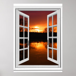 Póster Vista de puesta de sol en ventana falsa